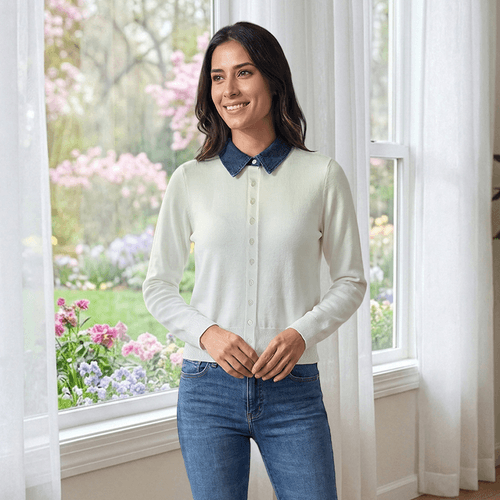 Womens Nanette Lepore Long Sleeve Denim Collar Sweater